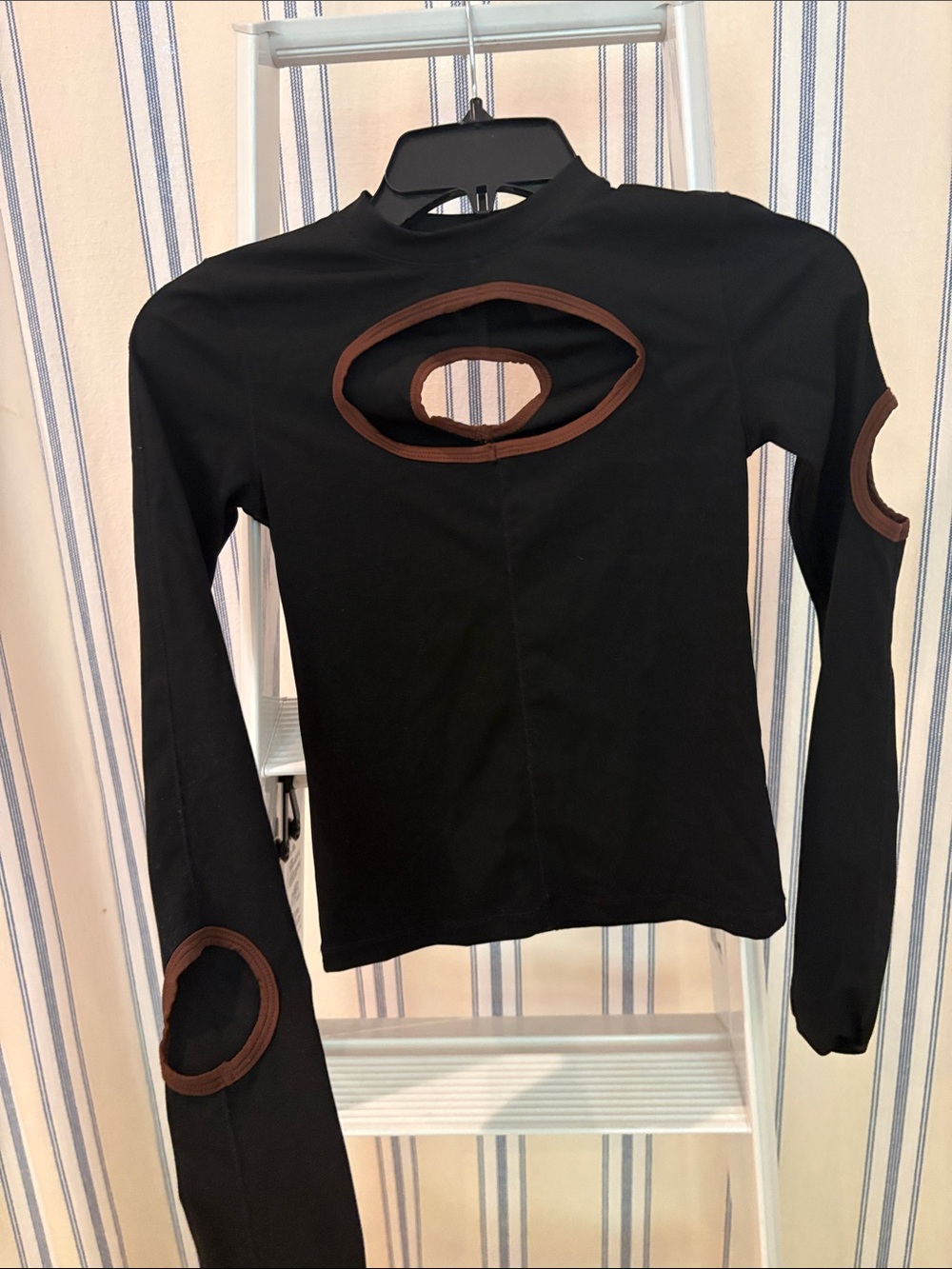 K&co Black Long Sleeve Top with Brown Trim Cutouts